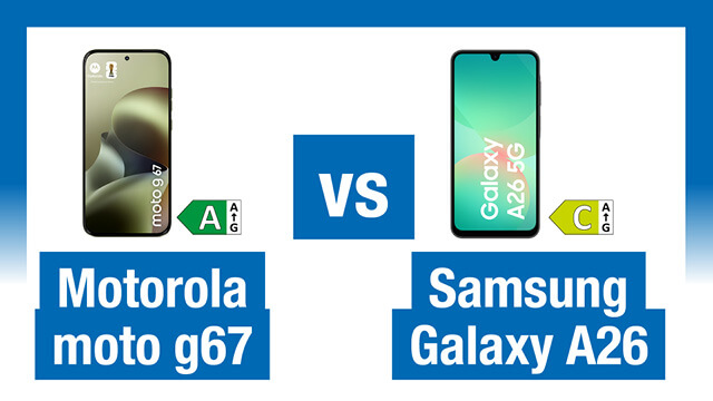 Vergleich zwischen Motorola moto g67 und Samsung Galaxy A26, jeweils mit Bewertungssymbolen. Unterstützt die Entscheidung für das passende Smartphone.