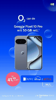 Google Pixel 10 Pro mit 50 GB mtl. für 41,99 € bei O2. Angebot unterstützt durch Brodos AG.