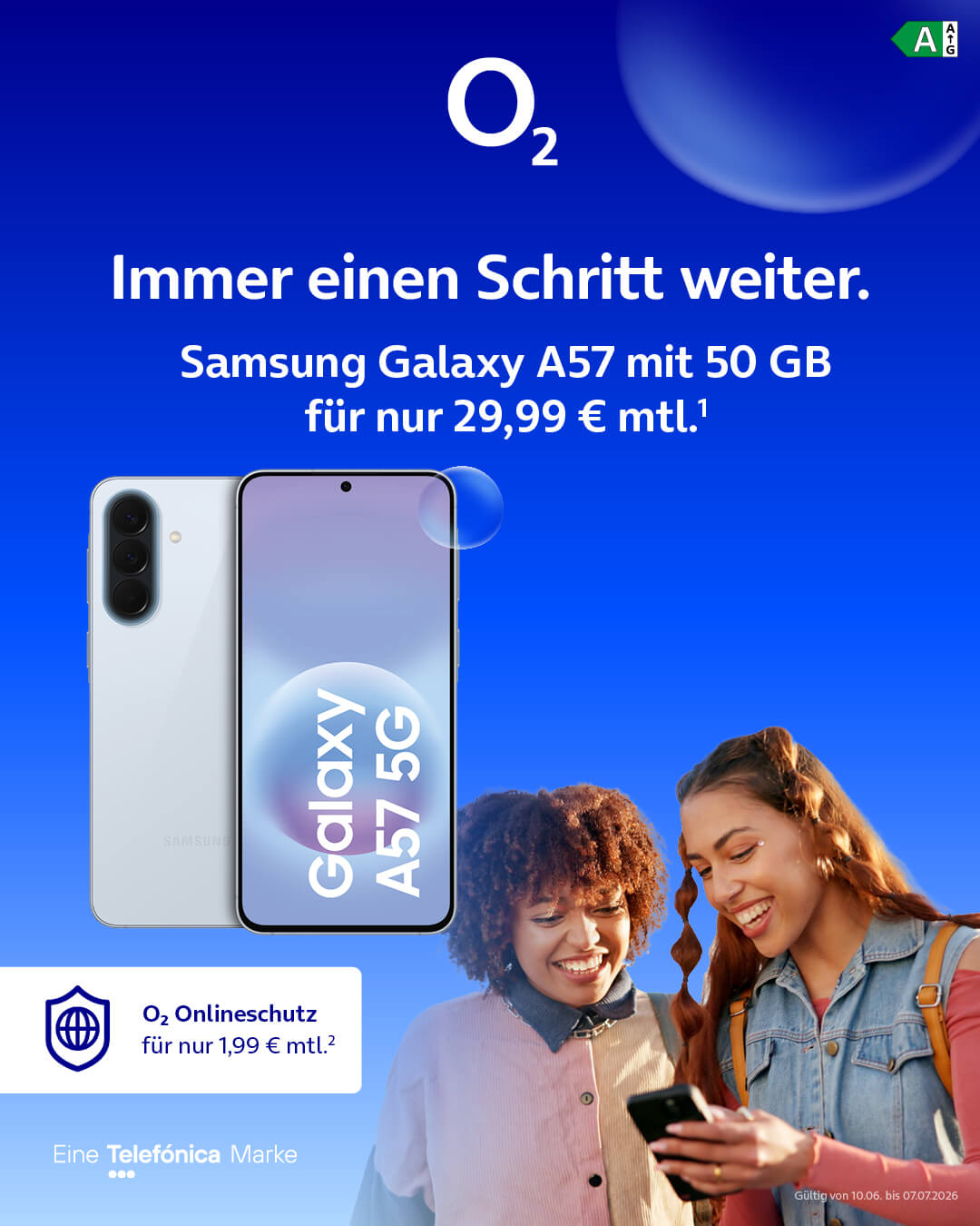 Samsung Galaxy A57 mit 50 GB für 29,99 € mtl. und O2 Onlineschutz für 1,99 € mtl. im Werbebild.