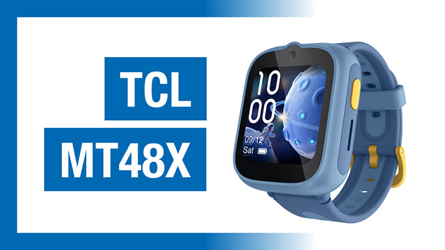 TCL MT48X Smartwatch in Blau mit farbigem Bildschirm und digitaler Anzeige, präsentiert von Brodos AG.
