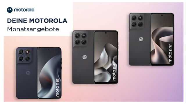 Monatsangebote der Brodos AG für Motorola-Smartphones: moto g37 und moto g87 in verschiedenen Farben.