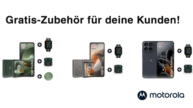 Gratis-Zubehör für Kunden von Brodos AG, einschließlich Motorola Produkten wie razr 70 Plus und razr 70.