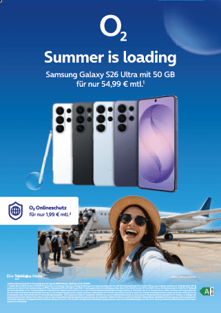 O2 bewirbt das Samsung Galaxy S26 Ultra in verschiedenen Farben mit 50 GB für 54,99 € mtl. im Reise-Setting.