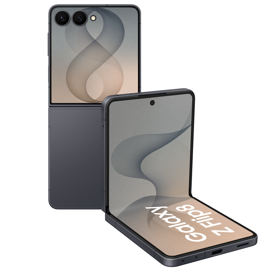 Samsung Galaxy Z Flip 8, gefaltet und entfaltet, präsentiert modernes Design und innovative Funktionen. Unterstützt durch Brodos AG.