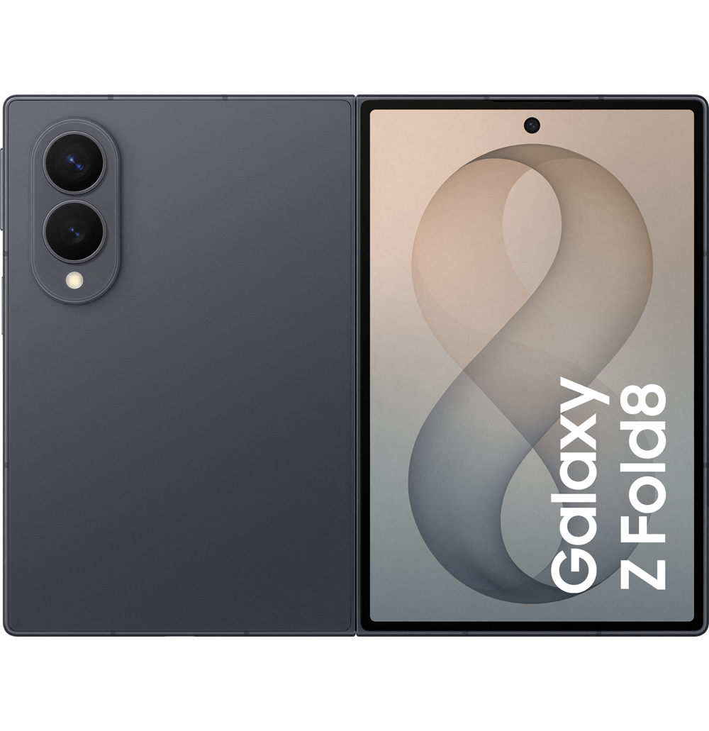 Samsung Galaxy Z Fold 8 in Graphitfarbe, zeigt die Vorder- und Rückseite des faltbaren Smartphones. Ideal für die Produktpräsentation der Brodos AG.