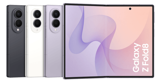 Drei Farben der Samsung Galaxy Z-Serie, darunter das Galaxy Z Fold8, nebeneinander präsentiert, um das kompakte Design zu zeigen.