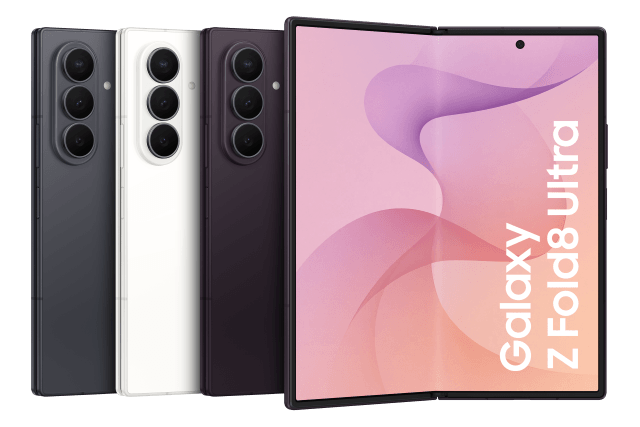 Samsung Galaxy Z-Serie: Die Smartphones in Schwarz, Weiß und Lila, mit dem Galaxy Z Fold8 Ultra im Vordergrund.