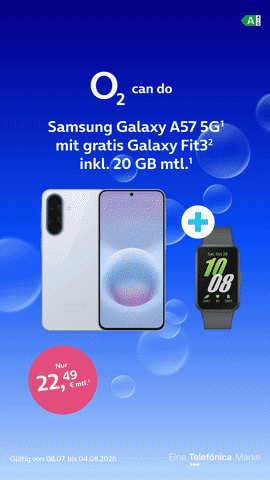 Samsung Galaxy A57 5G mit gratis Galaxy Fit2 für 22,49 € monatlich, Angebot von O2, gültig bis 04.08.2026.