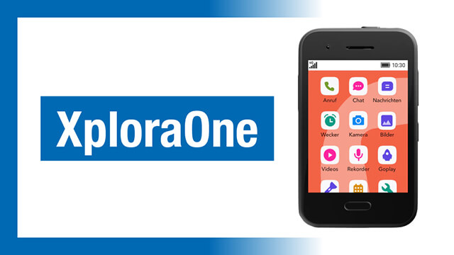 Xplora One Smartphone mit Benutzeroberfläche und Logo der Brodos AG, zeigt Funktionen wie Anruf, Chat und Kamera.
