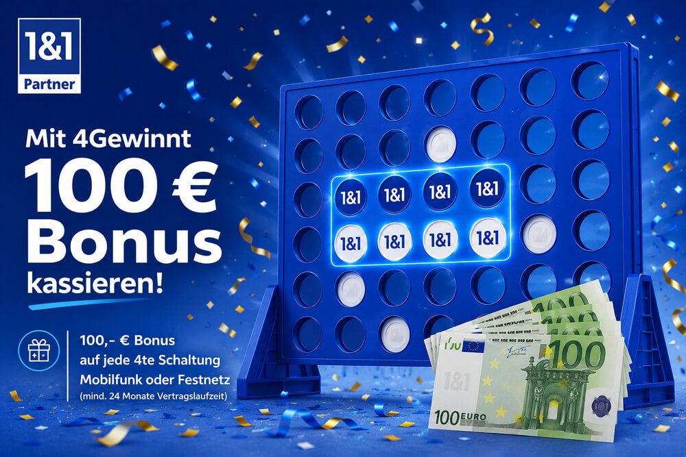100 € Bonus für 1&1 Kunden bei jeder 4. Schaltung von Mobilfunk oder Festnetz. Spielgrafik mit 1&1 Logo und Geldscheinen.