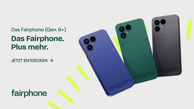 Drei Fairphones (Gen. 6+) in verschiedenen Farben (blau, grün, schwarz) mit dem Hinweis "Jetzt entdecken" zur Förderung nachhaltiger Mobilität.