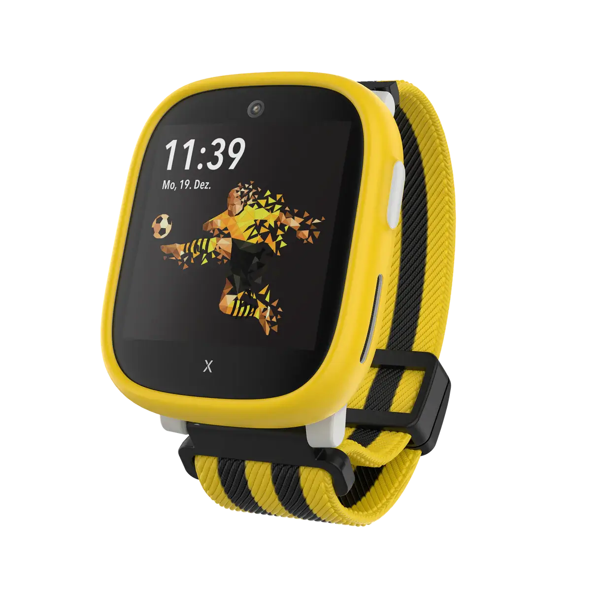 Smartwatch in Gelb mit sportlichem Design, zeigt einen Fußballspieler auf dem Bildschirm; ideal für aktive Nutzer.