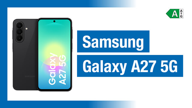 Samsung Galaxy A27 5G in Schwarz, präsentiert auf einem blauen Hintergrund, zur Unterstützung der Produktbewertung auf der Brodos AG-Website.