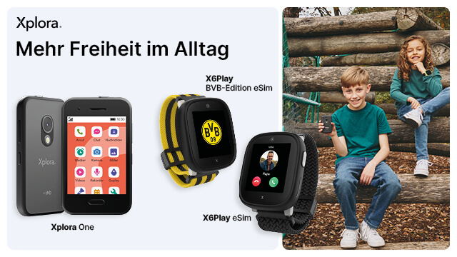 Xplora-Produkte: Xplora One Smartphone und X6Play BVB-Edition eSim Smartwatch, die Kindern mehr Freiheit im Alltag bieten.