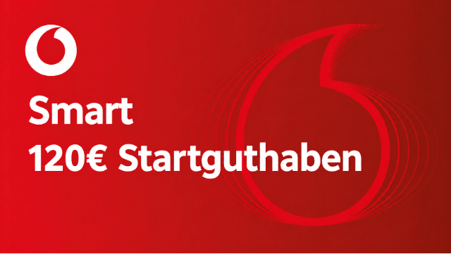 Vodafone Smart mit 120 € Startguthaben, präsentiert von Brodos AG, auf rotem Hintergrund.