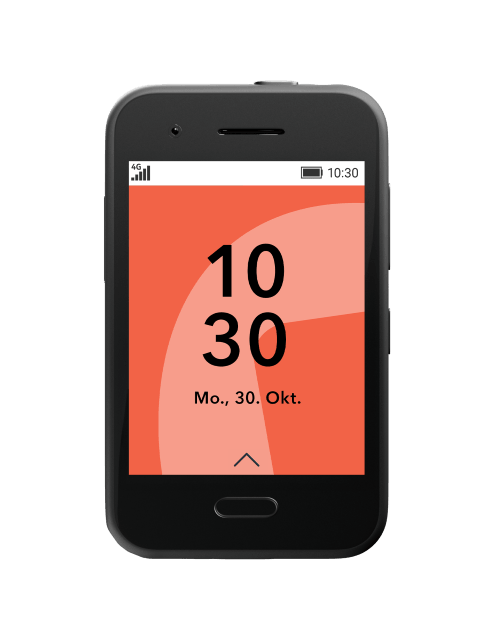 Smartphone mit rotem Hintergrund, Anzeige der Uhrzeit 10:30 und Datum 30. Oktober. Teil der Xplora Produktreihe von Brodos AG.